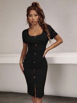 Outzidr - Black Half Sleeved Button Detai Bodycon Dress