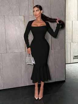 Outzidr - Black Full Sleeve Square Neck Dress