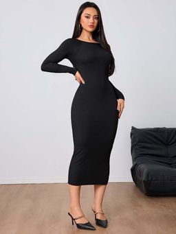 Outzidr - Black Round Neck Back Detail Dress