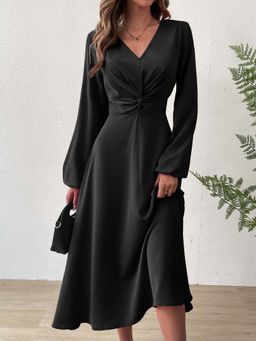 Outzidr - Black Full Sleeved Ruched Dress