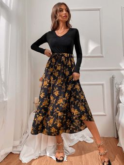 Outzidr - Black Full Sleeved Contrast Dress