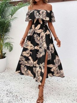 Outzidr - Black Off Shoulder Smocking Dress