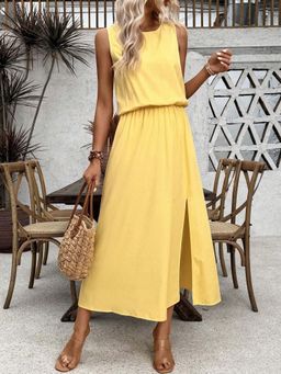 Outzidr - Yellow Sleeveless A-Line Fit Slit Dress