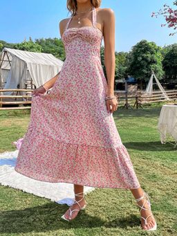 Outzidr - Pink Halter Neck Printed Dress