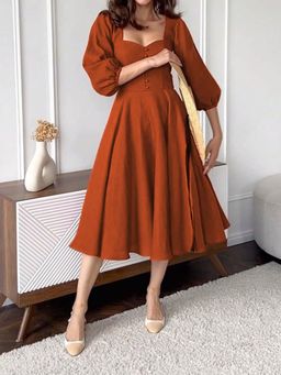 Outzidr - Brown Bishop Sleeve Sweetheart Neck Dress