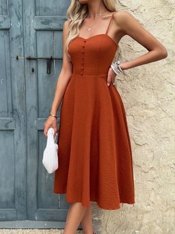 Outzidr - Brown Shoulder Strap Dress