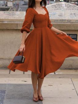 Outzidr - Rust Sweetheart Neck Dress