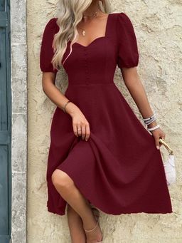 Outzidr - Burgundy Puff Sleeve Sweetheart Neck Dress
