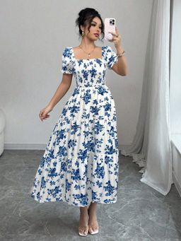 Outzidr - Blue Half Sleeve Square Neck Dress