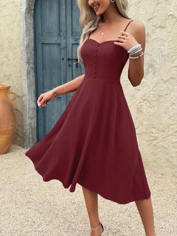 Outzidr - Wine Shoulder Strap Textured Dress