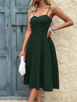 Outzidr - Green Shoulder Strap Textured Dress