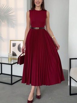 Outzidr - Wine Round Neck Pleated Dress with Belt