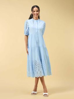 Outzidr - Blue Half Sleeve Pleated Dress