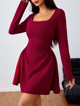Outzidr - Wine Full Sleeve Square Neck Dress