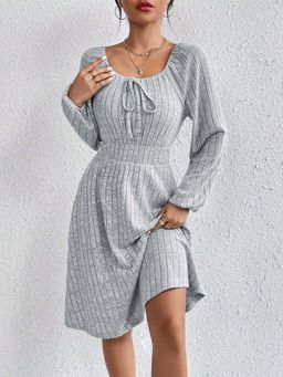 Outzidr - Grey Full Sleeved Knit Dress