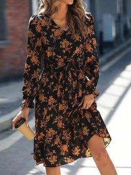 Outzidr - Black V-Neck Full Sleeved Dress with Belt