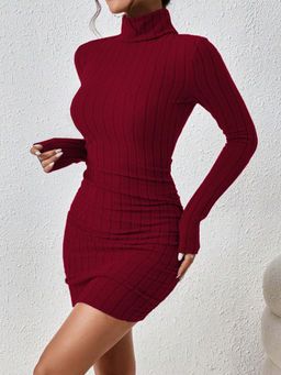 Outzidr - Wine Full Sleeved High Neck Bodycon Dress