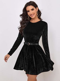 Outzidr - Black Full Sleeved Skater Dress