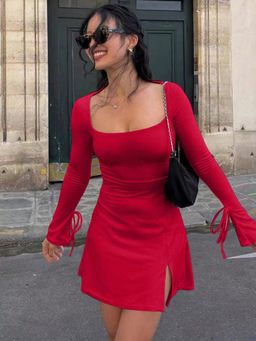 Outzidr - Red Full Sleeved Square Neck Bodycon Dress