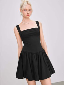 Outzidr - Black Square Neck Skater Dress