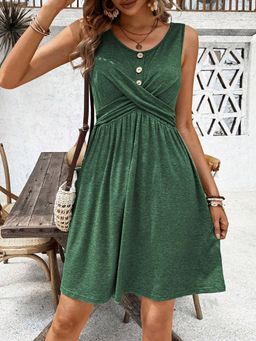 Outzidr - Olive Sleeveless Flared Dress