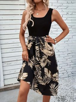 Outzidr - Black Dula Tone Printed A-Line Dress with Belt