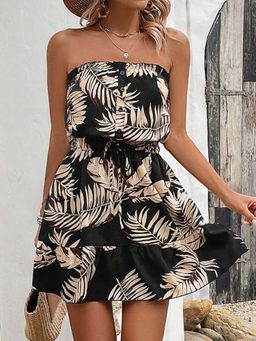 Outzidr - Black Strappy Printed Skater Dress