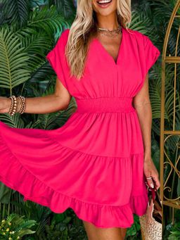 Outzidr - Pink Half Sleeve V-Neck Hem Dress