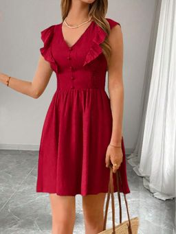 Outzidr - Red Sleeveless V-Neck Dress