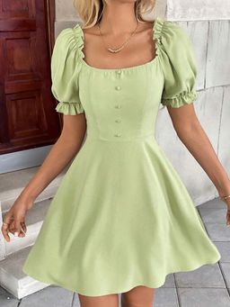 Outzidr - Green Puff Sleeve Fitted Dress