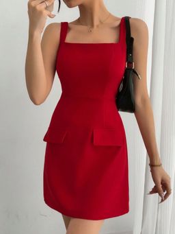 Outzidr - Red Shoulder Strap Double Pocket Dress