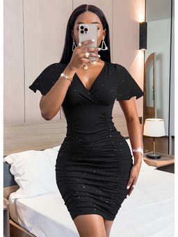 Outzidr - Black Flare Sleeve V-Neck Fitted Dress