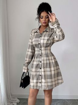 Outzidr - Off White Checkered Cinched Waist Dress