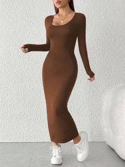 Outzidr - Brown Full Sleeve Round Neck Sleeve Dress