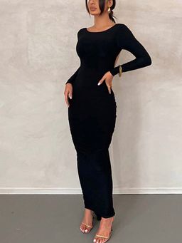 Outzidr - Black Full Sleeveed Backless Bodycon Dress