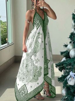 Outzidr - Green Printed Halter Neck Backless Dress