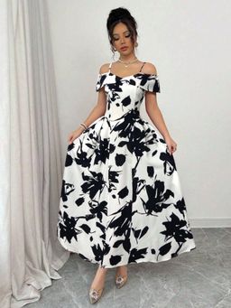 Outzidr - Black Shoulder Strap Printed Dress