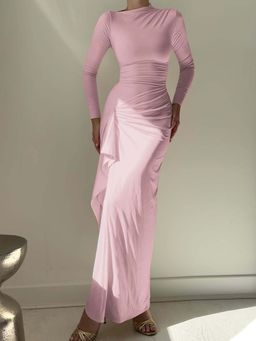 Outzidr - Pink High Neck Side Ruched Dress