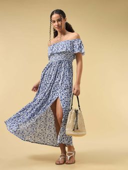 Outzidr - Blue Off Shoulder High Slit Dress