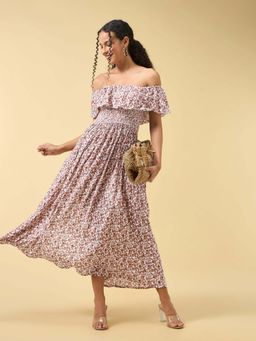 Outzidr - Beige Off Shoulder High Slit Dress