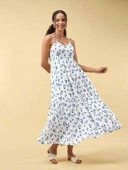 Outzidr - Blue Flared Tiered Tie Up Dress