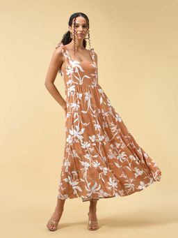 Outzidr - Brown Three Tied Fit and Flare Dress