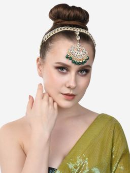 Zaveri Pearls - Green Beads Drop Bridal Kundan MathaPatti-ZPFK14620
