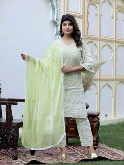 Doriyaan - Women Green Chikankari Embroidered Straight Kurta and Pant with Dupatta (Set of 3)
