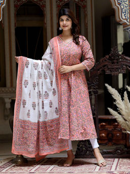 Doriyaan - Womens Multi-Color Floral Printed Anarkali Kurta with Dupatta (Set of 2)