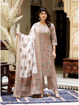 Doriyaan - Women Brown Floral Print Cotton Kurta with Pant and Dupatta (Set of 3)