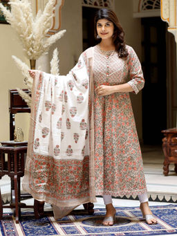 Doriyaan - Women Brown Gota Work and Printed Cotton Anarkali Kurta with Dupatta (Set of 2)