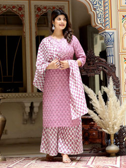 Doriyaan - Women Pink Floral Printed Cotton Kurta and Palazzo with Dupatta (Set of 3)