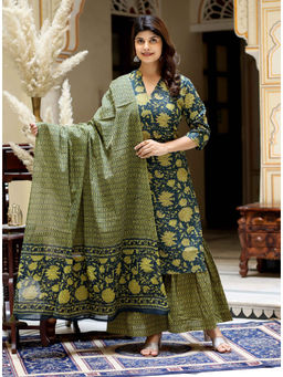 Doriyaan - Women Green Cotton Floral Printed Kurta and Sharara with Dupatta (Set of 3)