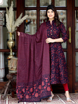 Doriyaan - Women Cotton Floral Print Navy Blue Anarkali Kurta with Dupatta (Set of 2)